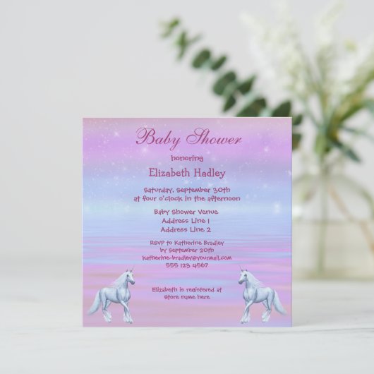 ユニコーンの魔法のファンタジーの女の子のベビーシャワー 招待状 (スタンド正面)