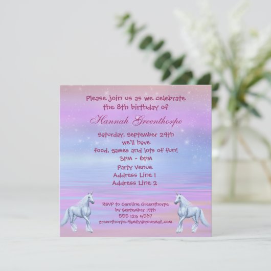 ユニコーンの魔法のファンタジーの女の子の誕生会 招待状 (スタンド正面)