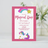 ユニコーンの魔法の日の誕生日パーティーの招待ピンク 招待状 (スタンド正面)