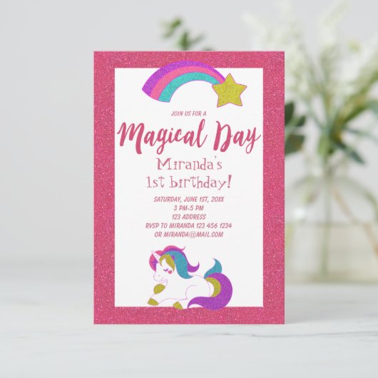ユニコーンの魔法の日の誕生日パーティーの招待ピンク 招待状 (スタンド正面)