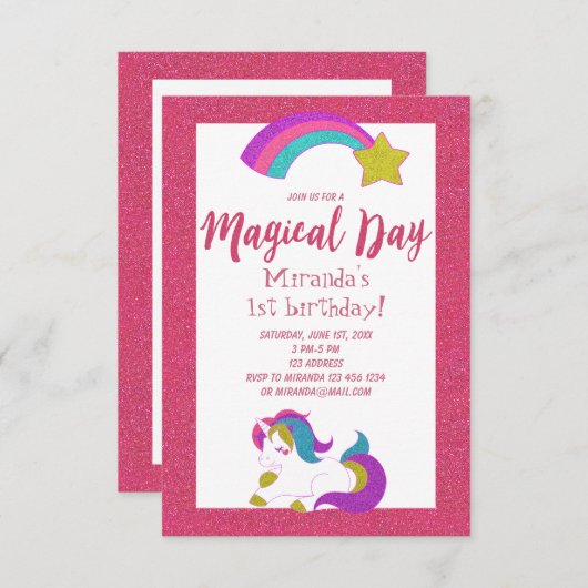 ユニコーンの魔法の日の誕生日パーティーの招待ピンク 招待状 (正面/裏面)