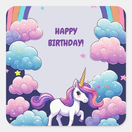 🦄 ユニコーンの魔法の虹と雲の幻想的なシーン 🌈 スクエアシール (正面)