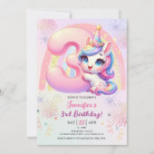 ユニコーンの魔法の虹 3歳の誕生日パーティー 招待状 (正面)