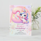 ユニコーンの魔法の虹 3歳の誕生日パーティー 招待状 (スタンド正面)