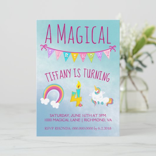ユニコーンの魔法の誕生日パーティー4歳 招待状 (スタンド正面)