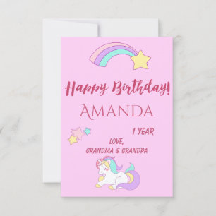 ユニコーンの魔法の1歳の誕生日ピンクの女の子1年 カード