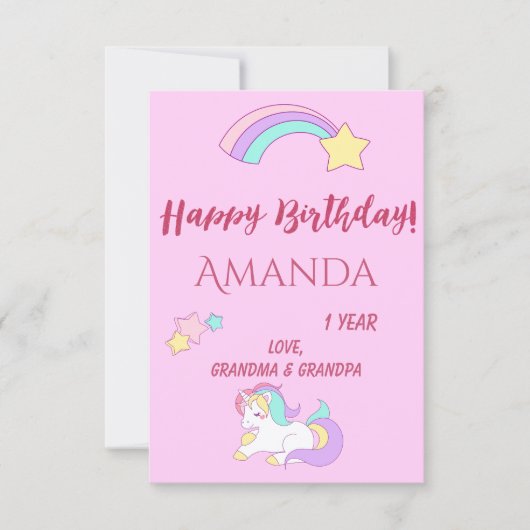 ユニコーンの魔法の1歳の誕生日ピンクの女の子1年 カード (正面)