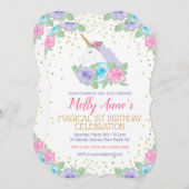 ユニコーンの1歳の誕生日パーティー招待状(ピンクとゴールド) 招待状 (正面/裏面)