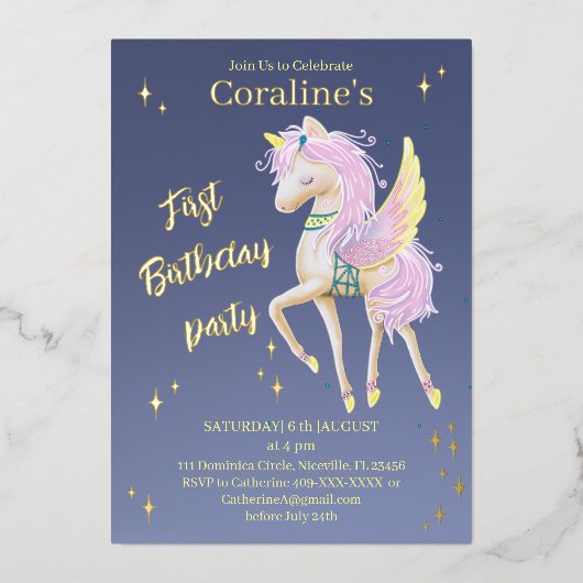 ユニコーンの1歳誕生日招待状 箔招待状 (正面)