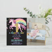 ユニコーンの1歳誕生日招待状 黒 写真付き 招待状 (スタンド正面)