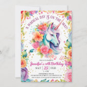 ユニコーンの10歳の誕生日 フラワーレインボーと星 招待状 (正面)