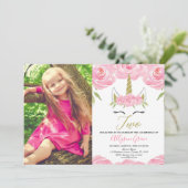 ユニコーンの2歳の誕生日の女の子ピンクの金ゴールド写真 招待状 (スタンド正面)