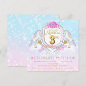 ユニコーンの3歳の誕生日パーティーの招待状 女の子用 招待状 (正面/裏面)