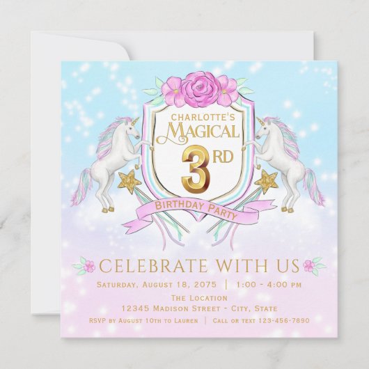 ユニコーンの3歳の誕生日パーティーの招待状 女の子用 招待状 (正面)