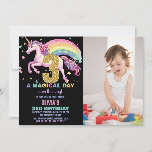 ユニコーンの3歳誕生日招待状 黒 写真付き 招待状 (正面)