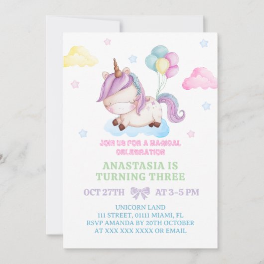 ユニコーンの3歳誕生日魔法のパーティー 招待状 (正面)