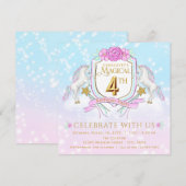 ユニコーンの4歳の誕生日パーティーの招待状 招待状 (正面/裏面)