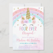 ユニコーンの4歳の誕生日招待状　フォーエバー 編集可能 招待状 (正面)