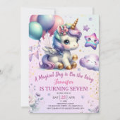 ユニコーンの7歳の誕生日招待状 女の子 紫と金色 招待状 (正面)