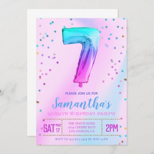 ユニコーンの7歳誕生日パーティー招待状 招待状 (正面/裏面)