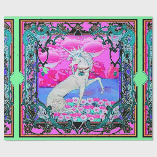 ユニコーンのSharles著ティール(緑がかった色)ピンクのTapistryのギフト ラッピングペーパー (フラット)
