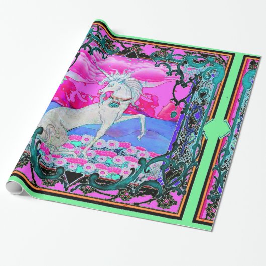 ユニコーンのSharles著ティール(緑がかった色)ピンクのTapistryのギフト ラッピングペーパー (アンロールド)
