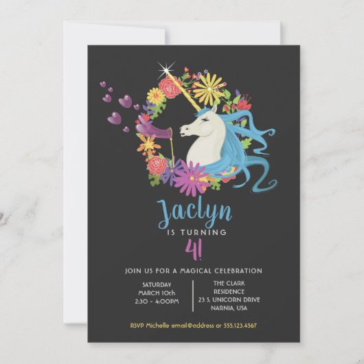 ユニコーンはパーティの招待状誕生日の泡立ちます 招待状 (正面)