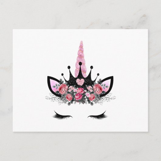 ユニコーンまつ毛、水彩花、グリッター角 ポストカード (正面)