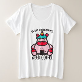 ユニコーンもコーヒーピンクおもしろいのユニコーンが必要 プラスサイズTシャツ