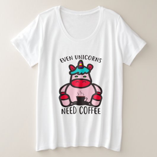 ユニコーンもコーヒーピンクおもしろいのユニコーンが必要 プラスサイズTシャツ