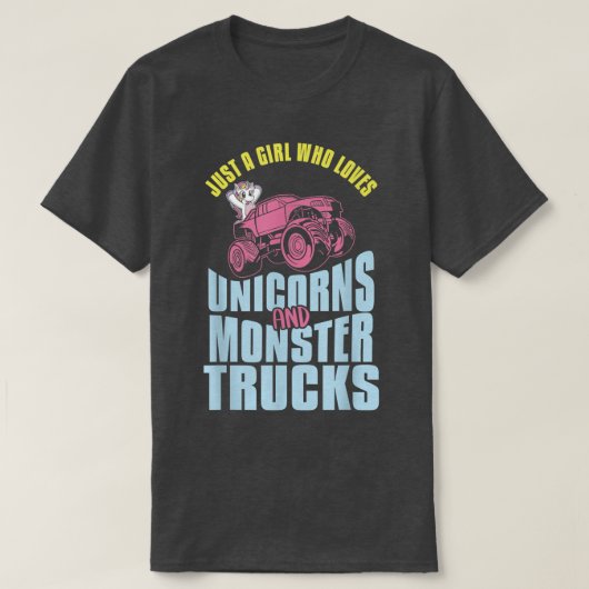 ユニコーンやモンスタートラックが大好きな女の子 Tシャツ (デザイン正面)
