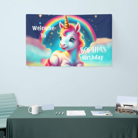 ユニコーンようこそ誕生日バナーパーティー標識 横断幕 (トレードショー)