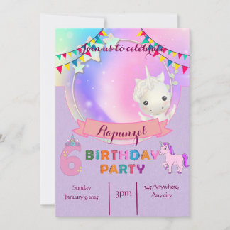 ユニコーンをテーマにした6th誕生日パーティーの招待状 招待状