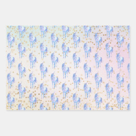 ユニコーンアクアピンクイエロー絞り染め金ゴールド紙吹雪 ラッピングペーパーシート