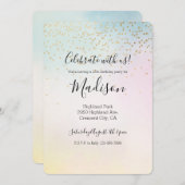 ユニコーンアクアピンクイエロー絞り染め金ゴールド紙吹雪 招待状 (正面/裏面)