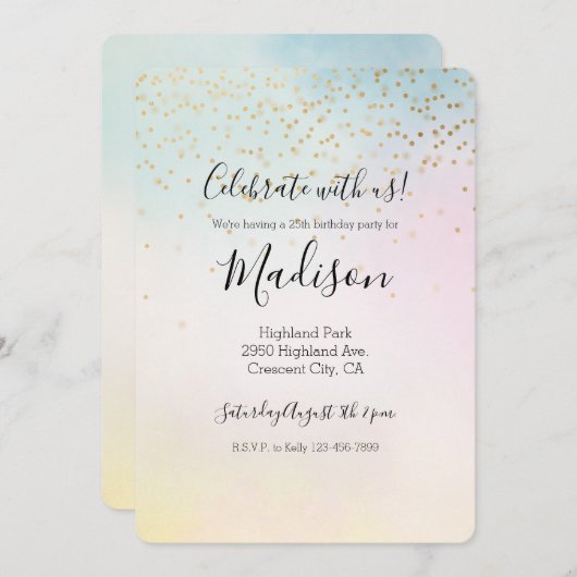 ユニコーンアクアピンクイエロー絞り染め金ゴールド紙吹雪 招待状 (正面/裏面)