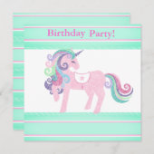 ユニコーンアクアピンク誕生日パーティーの招待状 招待状 (正面/裏面)