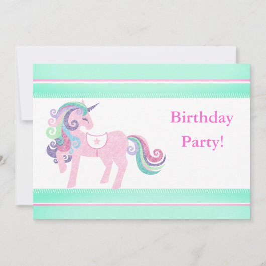 ユニコーンアクアピンク誕生日パーティーの招待状 招待状 (正面)