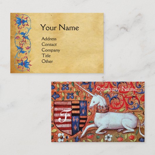 ユニコーンアンティークレッドブルーフローラパーチメントモノグラム 名刺 (正面/裏面)