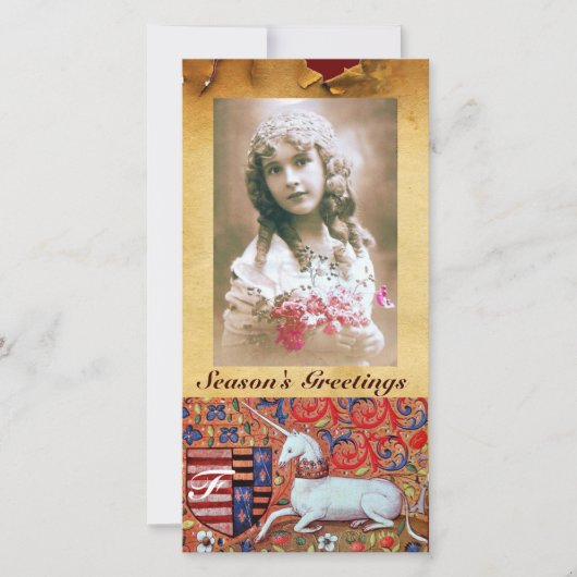 ユニコーンアンティーク茶色パーチメントモノグラム シーズンカード (正面)