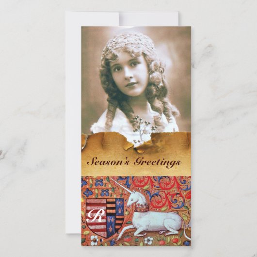 ユニコーンアンティーク茶色フローラパーチメントモノグラム シーズンカード (正面)