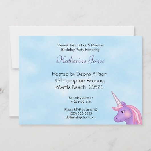 ユニコーンアンドレインボー誕生日招待状 招待状 (裏面)