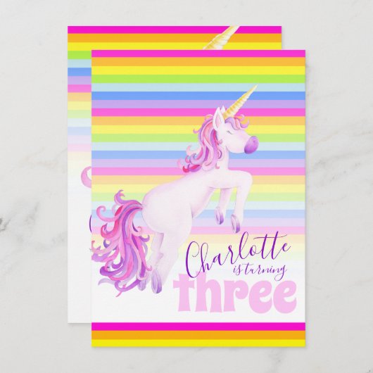 ユニコーンアートレインボー3rd誕生日招待状 招待状 (正面/裏面)