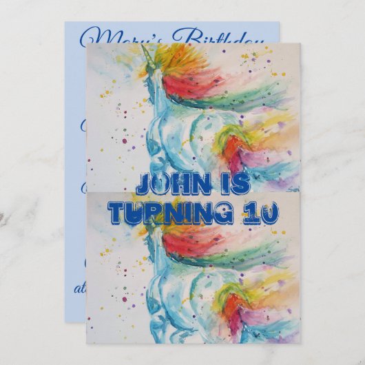 ユニコーンアート水彩画男子誕生日招待状 招待状 (正面/裏面)
