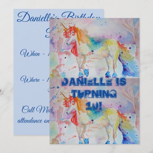 ユニコーンアート 水彩画 誕生日招待状 招待状 (正面/裏面)