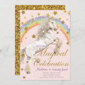 ユニコーンイラストレーションパーティーマジカル誕生日 招待状 (正面/裏面)