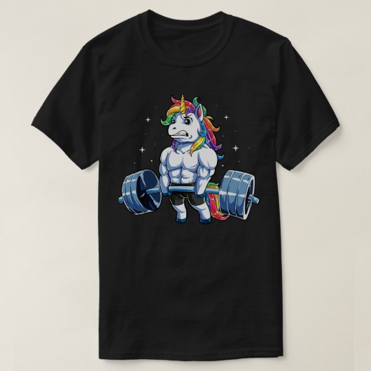 ユニコーンウェイトリフティングフィットネスジムデッドリフトレインボー Tシャツ (デザイン正面)