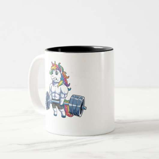 ユニコーンウェイトリフティングTシャツフィットネスジムデッドリフト ツートーンマグカップ (正面左)