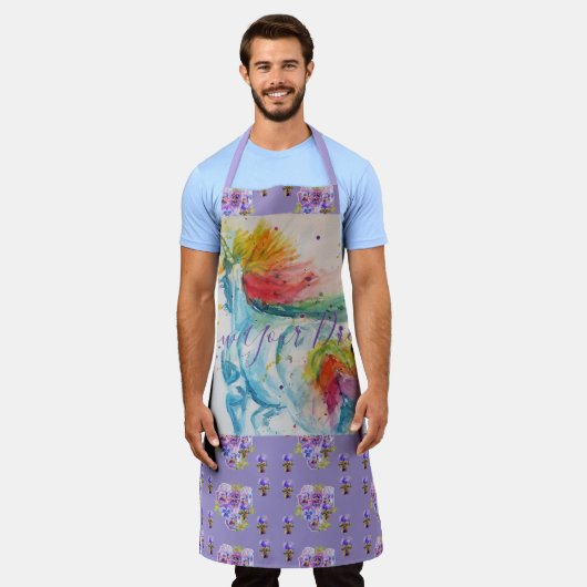 ユニコーンウォーターカラーパープルフローラ夢エプロン エプロン (着用した状態)