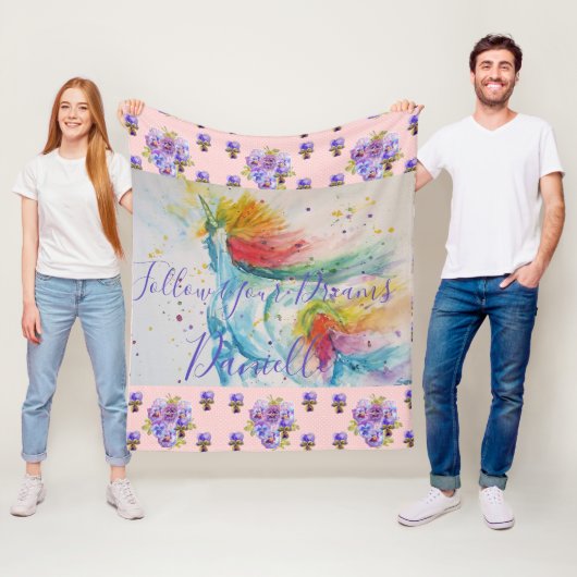 ユニコーンウォーターカラーピンクフローラガールズネームブランケット フリースブランケット (インサイチュ)